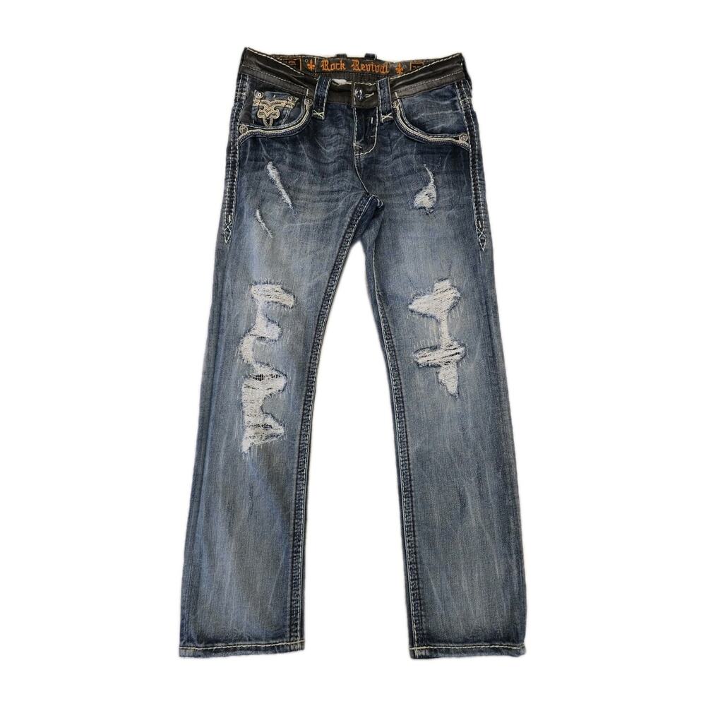 Rock Revival TYME Mens Jeans Straight Leg Size 29 Distressed Thick Stitch MMA - Picture 2 of 12
